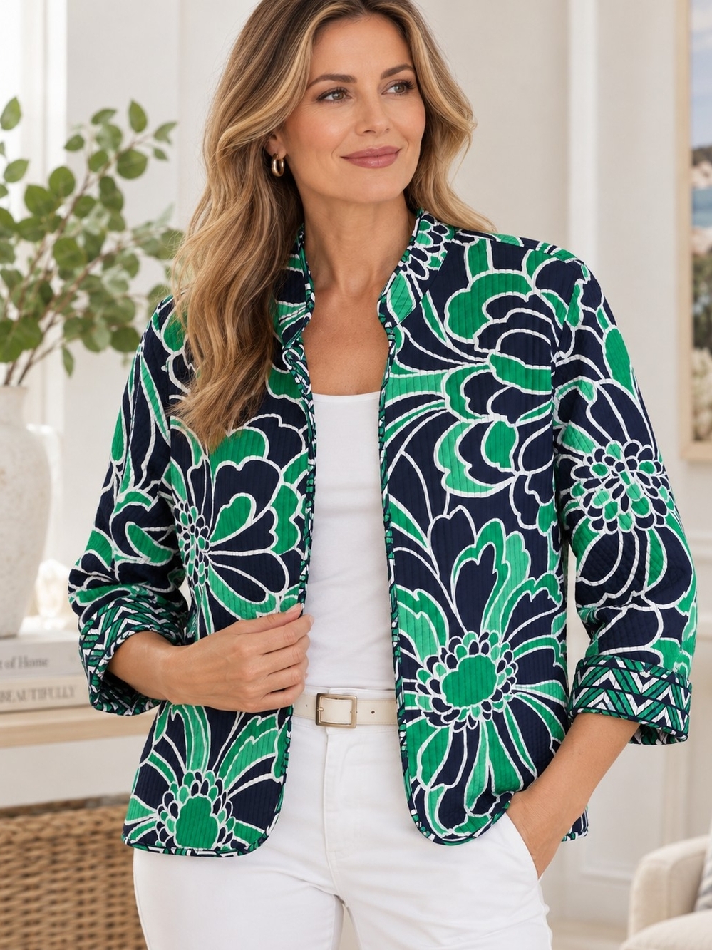 Alfred Dunner Petite 10P Reversible Quilted Jacket Floral Geometric Green Navy